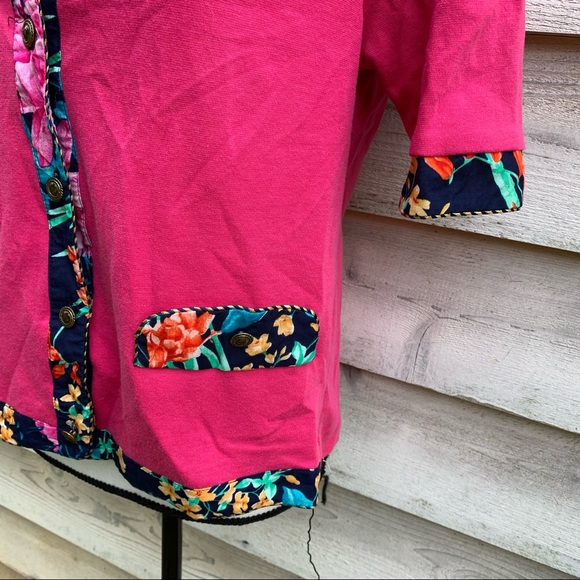 Vintage 80s Pink Floral Print Button Down Circle Neck Short Puff Sleeve Blouse - Picture 12 of 16